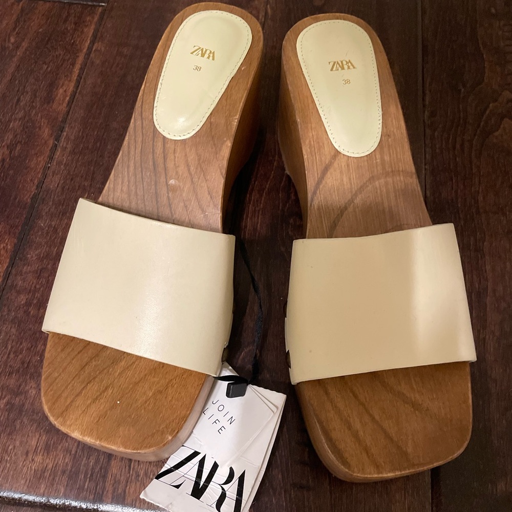 ZARA Wood Ivory Leather Platform Slides Chunky Wedge Heel Womens 38 EU 7.5 US